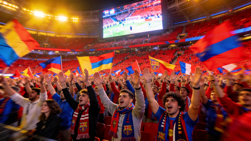 体育场看台上座无虚席的球迷欢呼场景